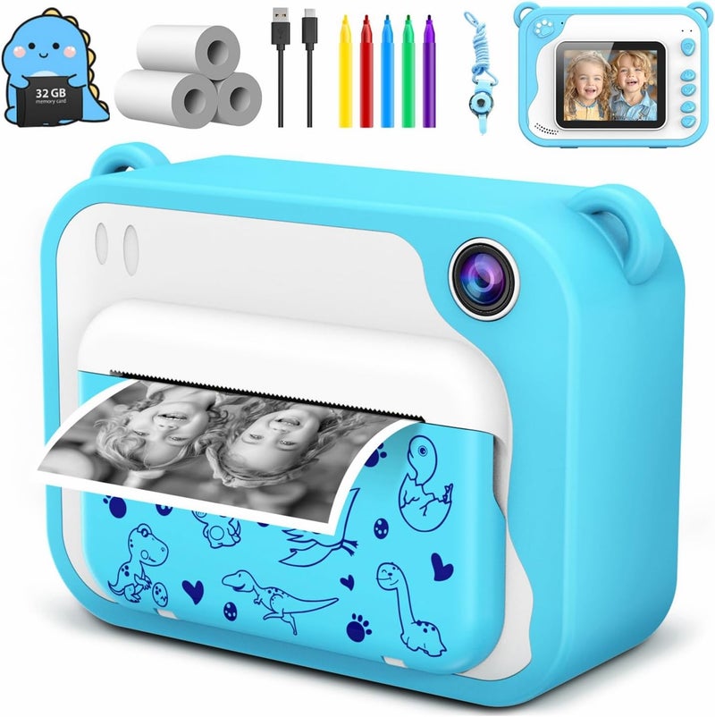 Usteetic Kids Camera Instant Print, Dinosaur Instant Print Camera for Kids with 1080P Video, 32GB SD Card, 240 Photos, Christmas Birthday Gifts for Boys Girls Ages 3-12 (Blue) - Image 1